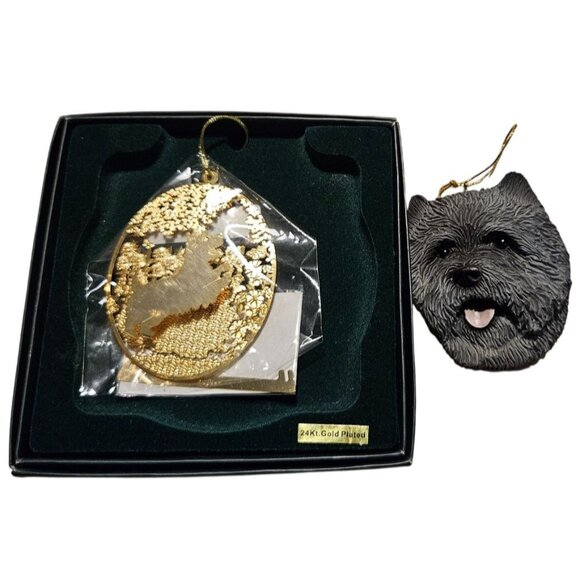 2 Vintage Ornaments Carin Terrier Dog 24Kt Gold Plated Metal & Ceramic Christmas - Picture 1 of 12